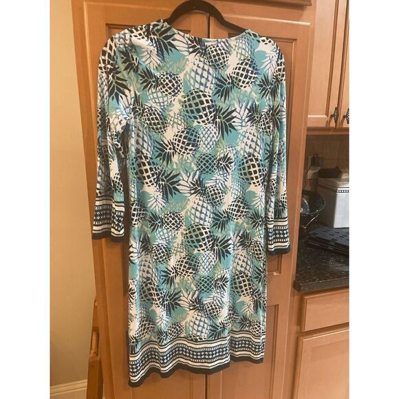 Cappagallo Midi Boho Dress Women Small Blue Viscose Pineapple Print Scoop Neck - Picture 2 of 4